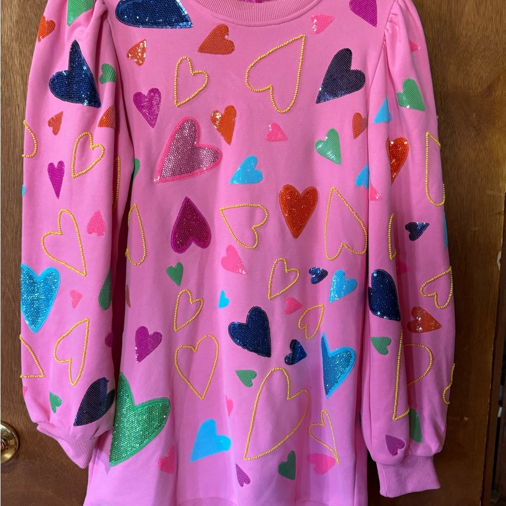 QUEEN OF SPARKLES Pink Groovy Hearts  Heart Pattern Long Sleeve sweatshirt dress